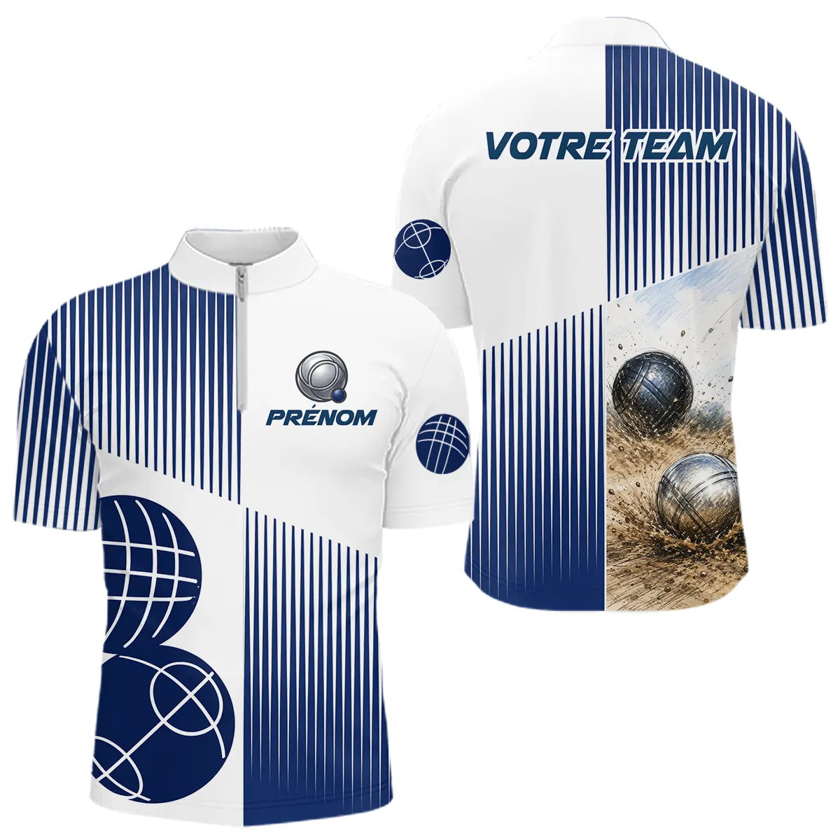 Polo Équipe Pétanque Boulodrome - Personnalisé Bleu & Blanc - Polo Zippé Homme