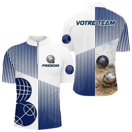 Polo Équipe Pétanque Boulodrome - Personnalisé Bleu & Blanc - Polo Zippé Homme