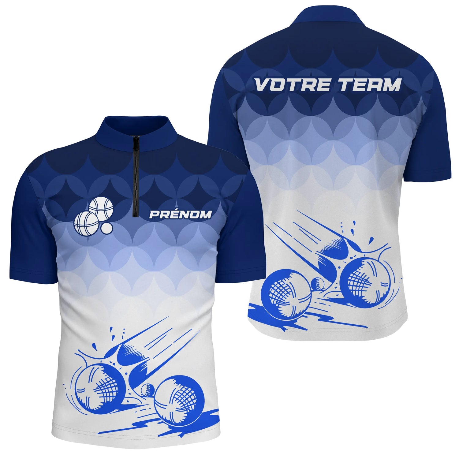 Polo Équipe Pétanque Personnalisé - Bleu Blanc Degradé - Polo Zippé Homme
