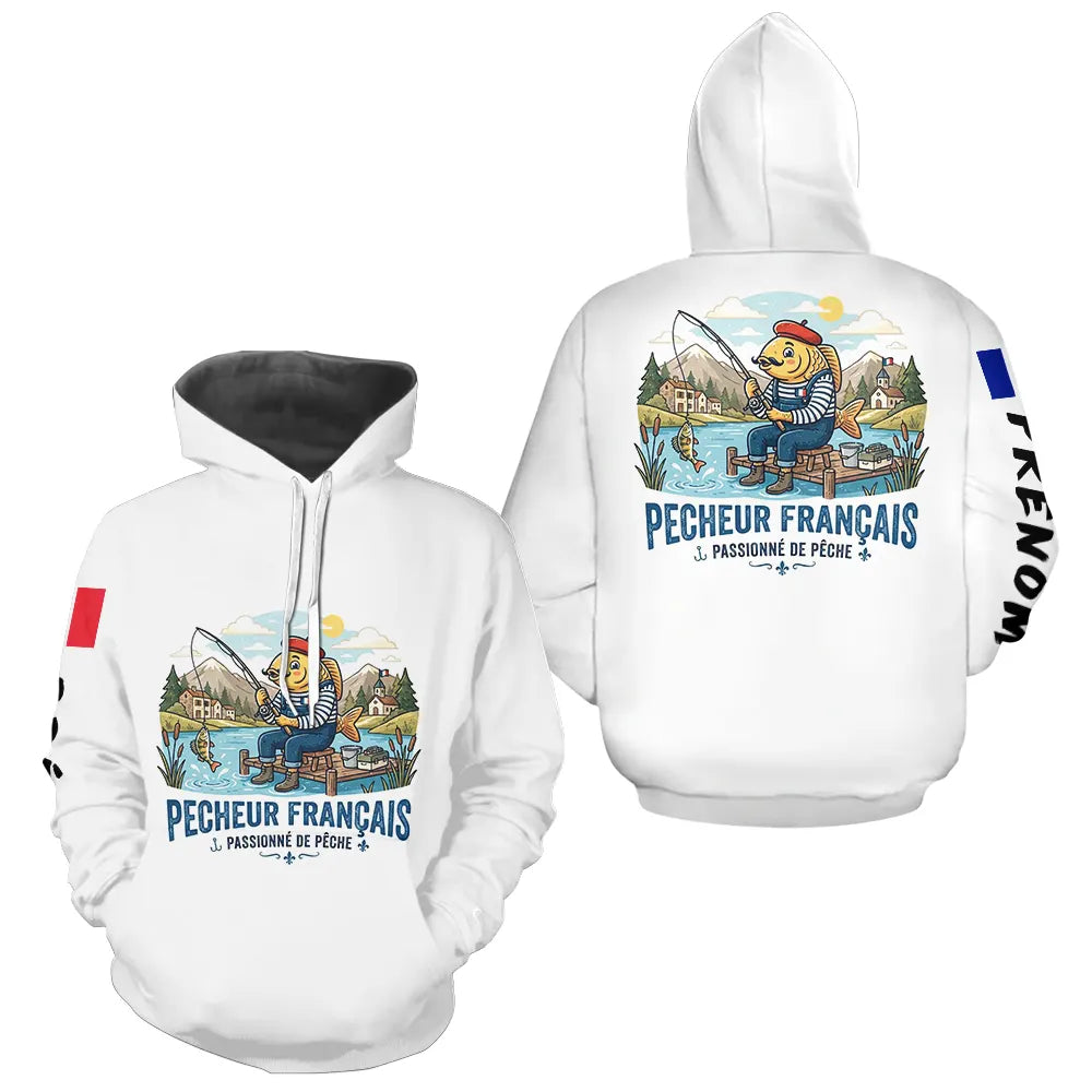 Sweat Blanc Pêcheur Français - Capuche & Design Humour - Hoodie Homme