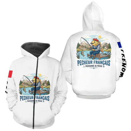 Sweat Blanc Pêcheur Français - Capuche & Design Humour - Hoodie Zippé Homme