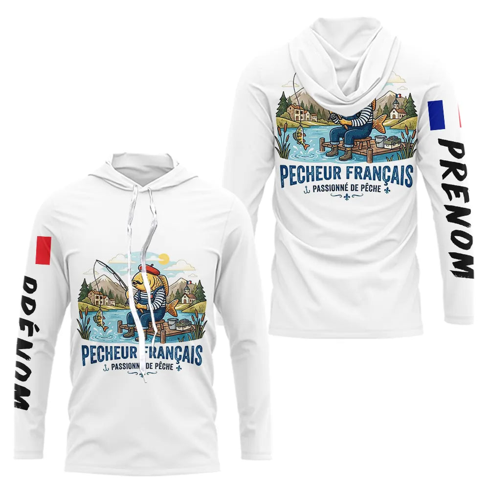 Sweat Blanc Pêcheur Français - Capuche & Design Humour - Long Sleeve Hoodie Homme