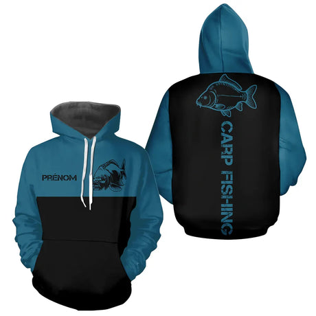 Sweat Capuche Pêche Carpe - Personnalisé Bleu Et Noir - Hoodie Homme