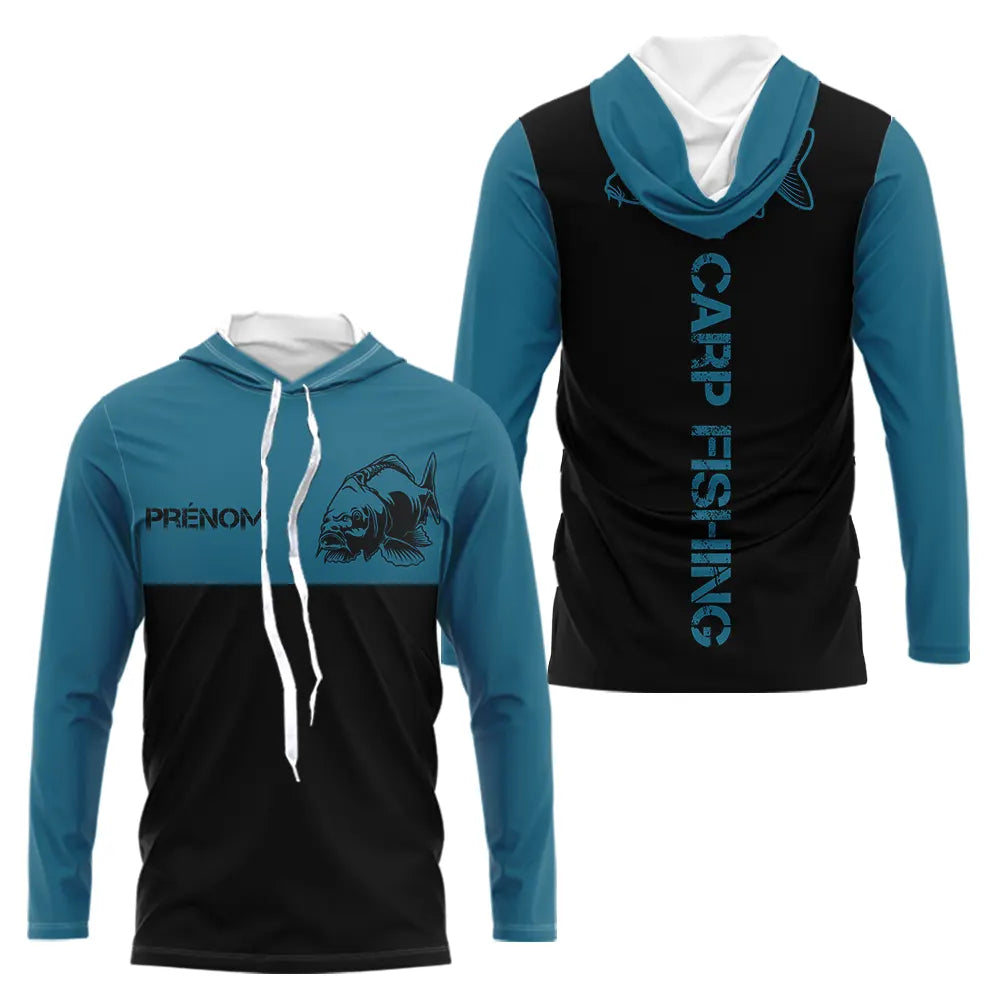 Sweat Capuche Pêche Carpe - Personnalisé Bleu Et Noir - Long Sleeves Hoodie Homme