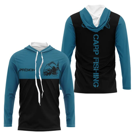 Sweat Capuche Pêche Carpe - Personnalisé Bleu Et Noir - Long Sleeves Hoodie Homme