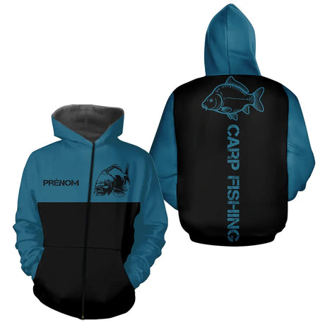 Sweat Capuche Pêche Carpe - Personnalisé Bleu Et Noir - Zippe Hoodie Homme