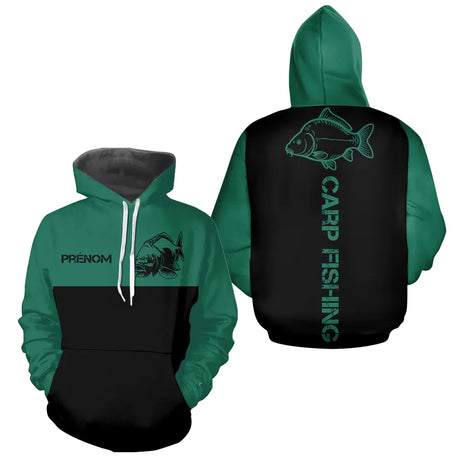 Sweat Capuche Pêche Carpe - Personnalisé Vert Et Noir - Hoodie Homme