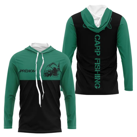 Sweat Capuche Pêche Carpe - Personnalisé Vert Et Noir - Long Sleeve Hoodie Homme