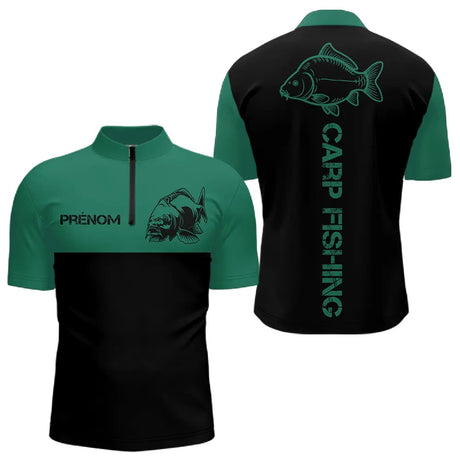 Sweat Capuche Pêche Carpe - Personnalisé Vert Et Noir - Polo Zippé Homme