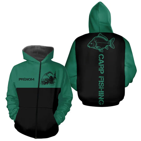 Sweat Capuche Pêche Carpe - Personnalisé Vert Et Noir - Zippe Hoodie Homme