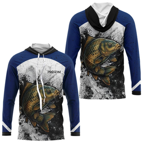 Sweat À Capuche Pêche Carpiste  - Bleu & Blanc Personnalisé - Long Sleeves Hoodie Homme