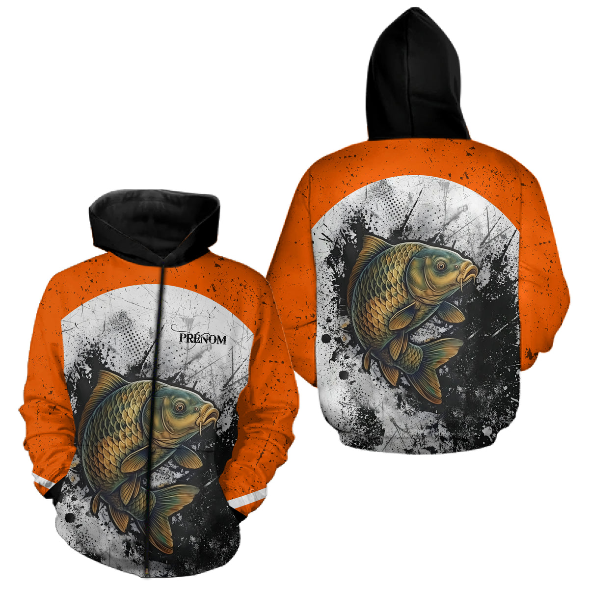 Sweat À Capuche Pêche Carpiste  - Orange & Blanc Personnalisé - Hoodie Zippé Homme