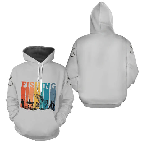 Sweat Capuche Pêcheur Gris Vintage Manches Longues - Motif Hameçon - Hoodie Homme