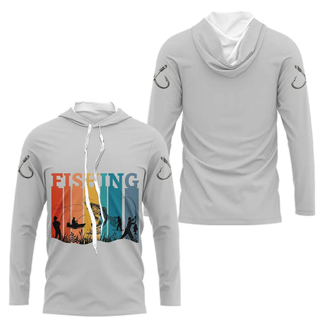 Sweat Capuche Pêcheur Gris Vintage Manches Longues - Motif Hameçon - Long Sleeves Hoodie Homme
