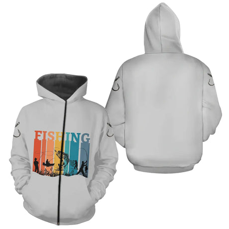 Sweat Capuche Pêcheur Gris Vintage Manches Longues - Motif Hameçon - Zippé Hoodie Homme