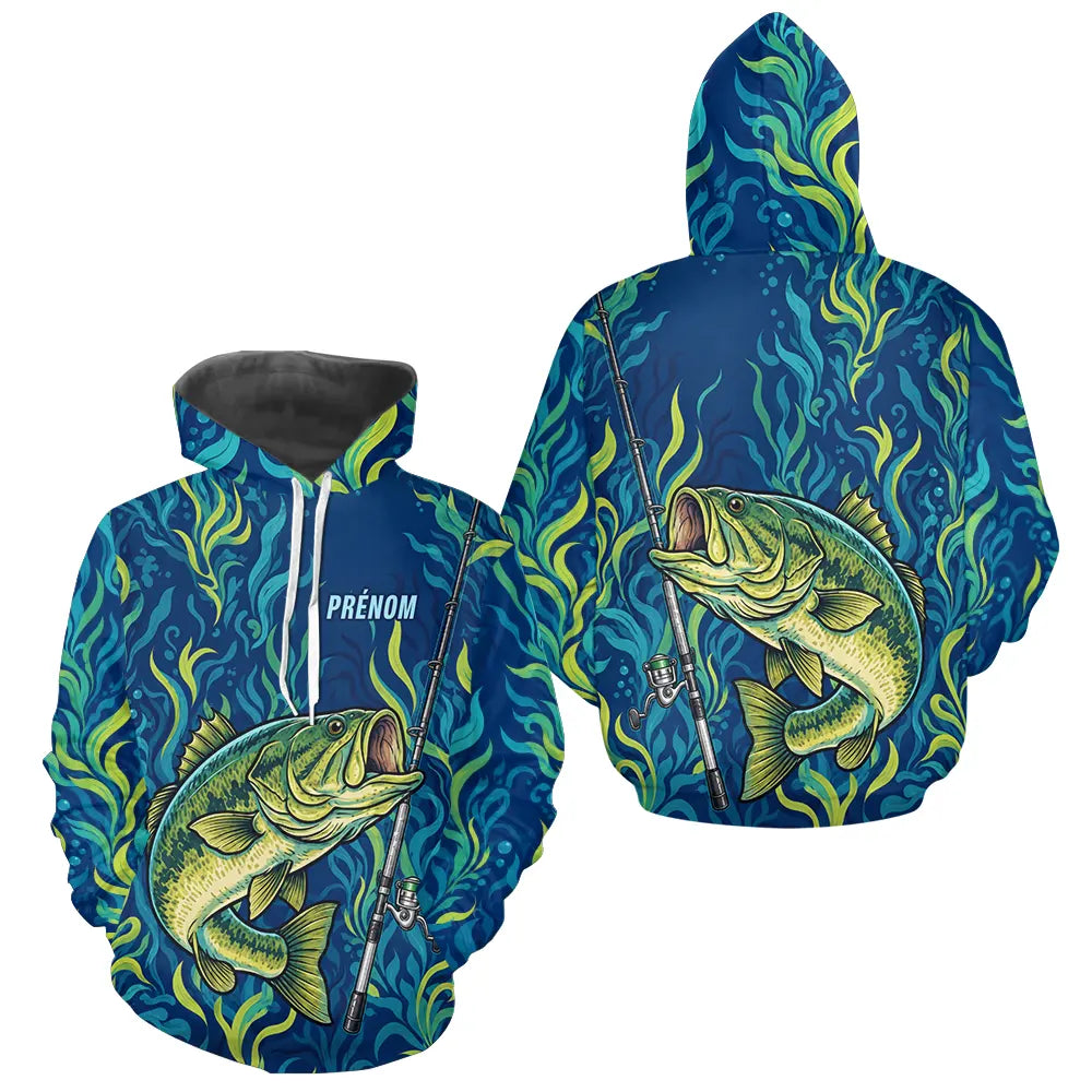 Sweat à Capuche Pêcheur Personnalisé – Black-Bass Bleues Homme - Hoodie Homme