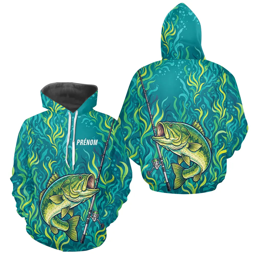 Sweat à Capuche Pêcheur Personnalisé – Black-Bass Vert Homme - Hoodie Homme