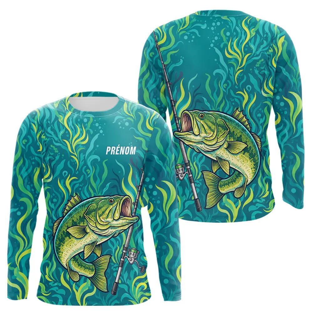 Sweat à Capuche Pêcheur Personnalisé – Black-Bass Vert Homme - Long Sleeves Homme