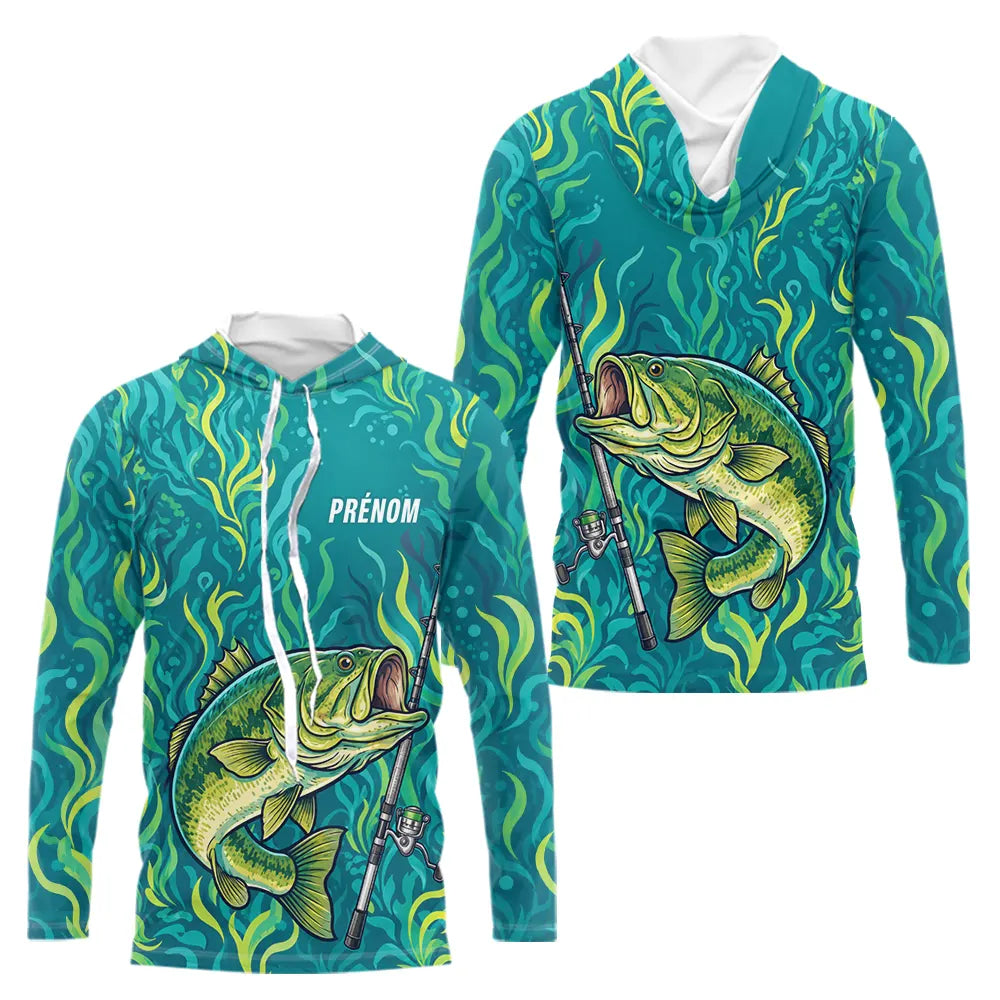 Sweat à Capuche Pêcheur Personnalisé – Black-Bass Vert Homme - Long Sleeves Hoodie Homme