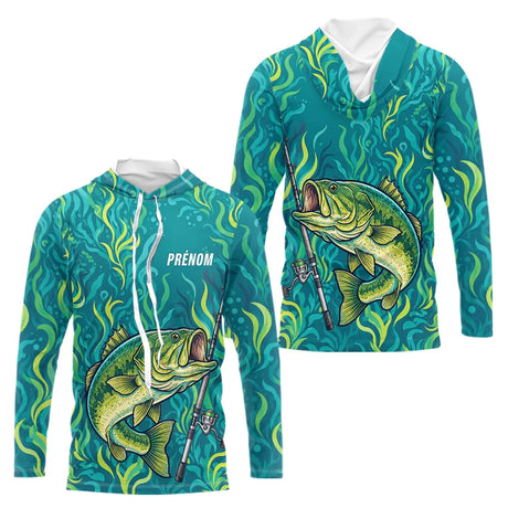 Sweat à Capuche Pêcheur Personnalisé – Black-Bass Vert Homme - Long Sleeves Hoodie Homme