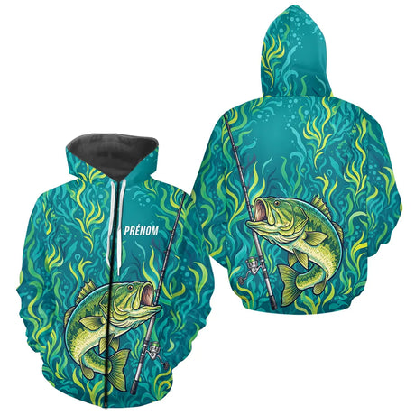 Sweat à Capuche Pêcheur Personnalisé – Black-Bass Vert Homme - Zippé Hoodie Homme