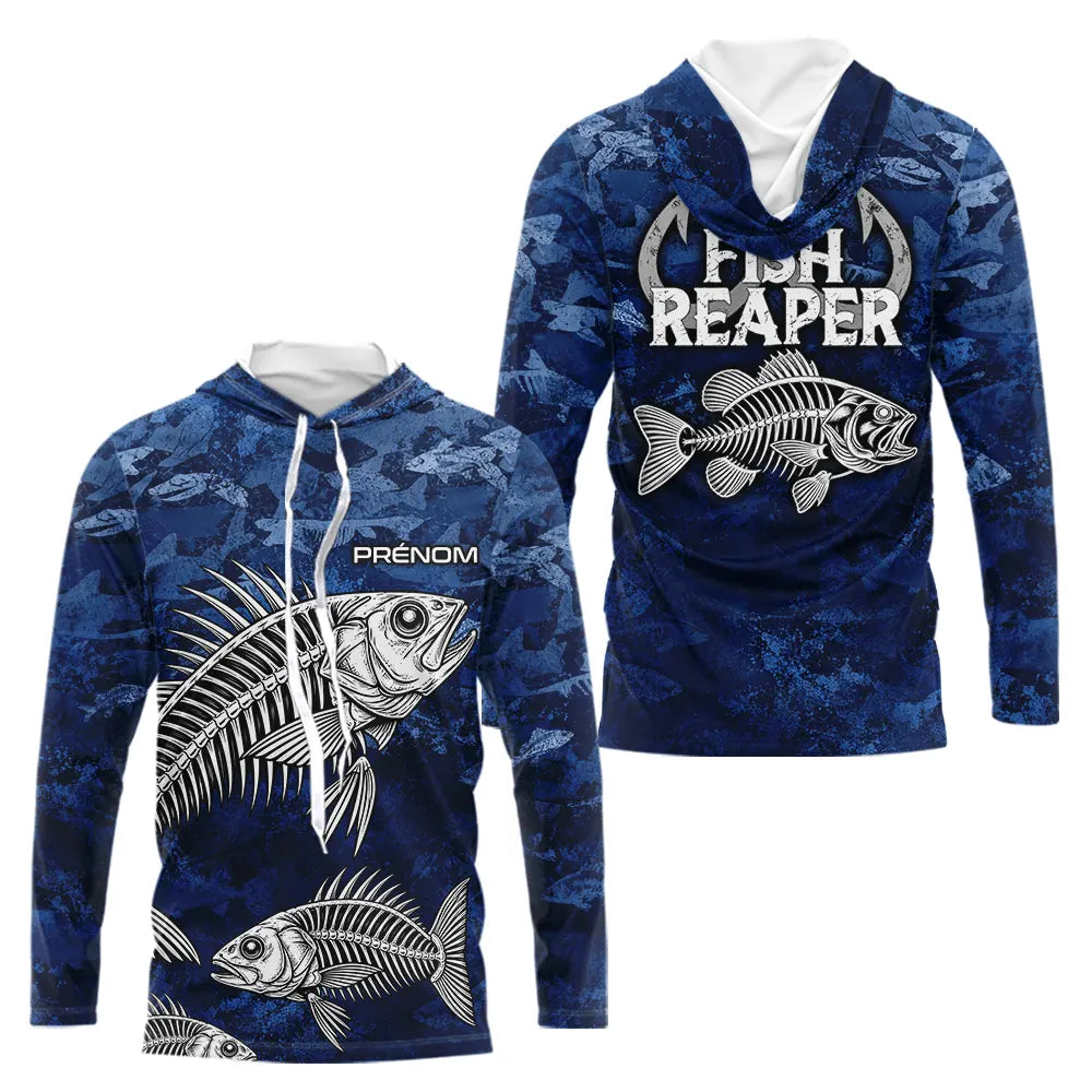 Sweat à Capuche Pêcheur Squelette Camo Bleu - Design Homme Personnalisé - Long Sleeve Hoodie Homme