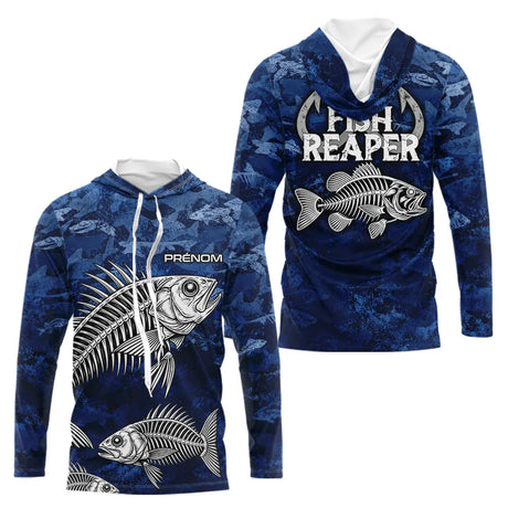 Sweat à Capuche Pêcheur Squelette Camo Bleu - Design Homme Personnalisé - Long Sleeve Hoodie Homme