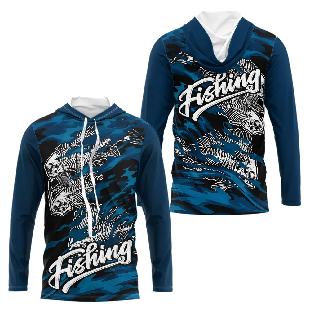 Sweat à Capuche Pêcheur Squelette Poisson - Bleu Et Noir - Long Sleeves Hoodie Homme