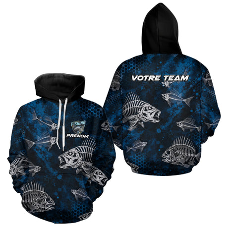 Sweat à Capuche Pêcheur Squelette Poisson - Personnalisé Bleu - Hoodie Homme