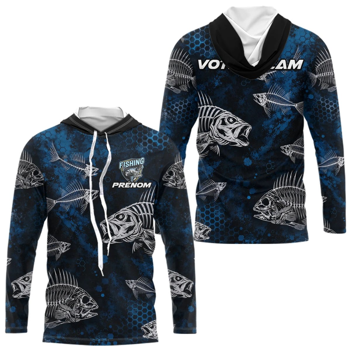 Sweat à Capuche Pêcheur Squelette Poisson - Personnalisé Bleu - Long Sleeves Hoodie Homme