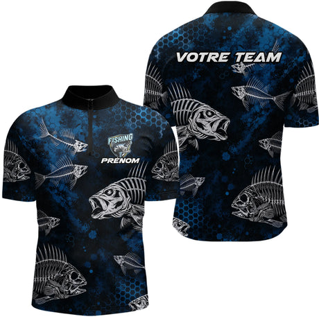 Sweat à Capuche Pêcheur Squelette Poisson - Personnalisé Bleu - Polo Zippé Homme