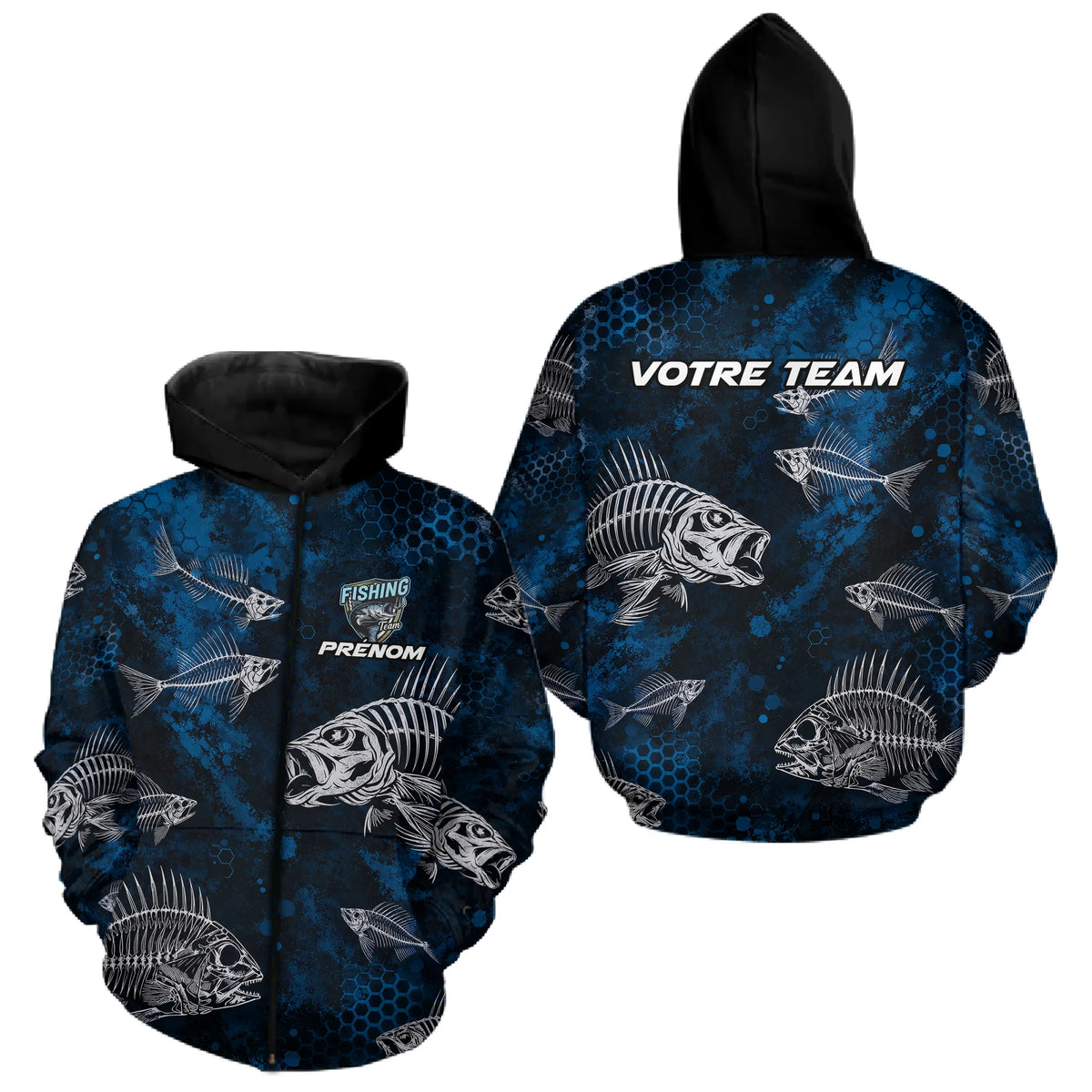 Sweat à Capuche Pêcheur Squelette Poisson - Personnalisé Bleu - Zippé Hoodie Homme