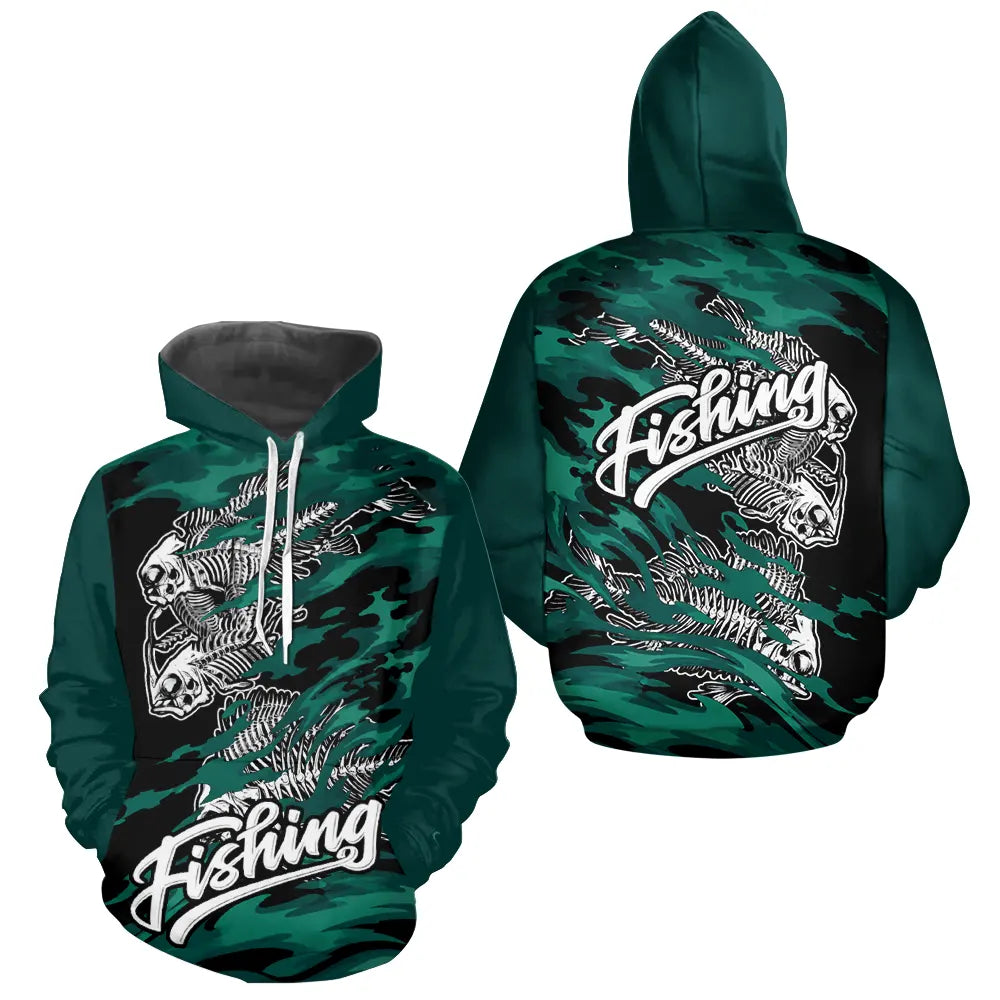 Sweat à Capuche Pêcheur Squelette Poisson - Vert Et Noir - Hoodie Homme