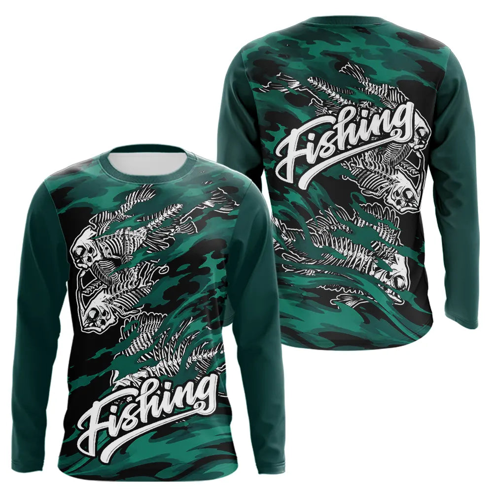 Sweat à Capuche Pêcheur Squelette Poisson - Vert Et Noir - Long Sleeves Homme