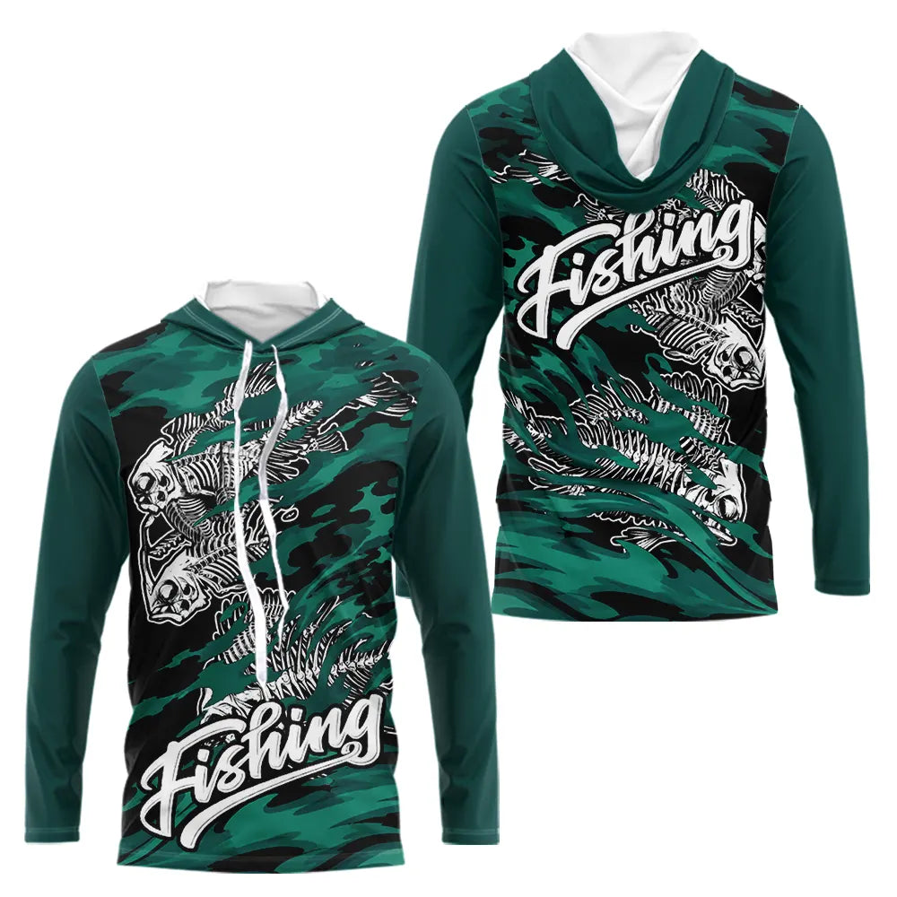 Sweat à Capuche Pêcheur Squelette Poisson - Vert Et Noir - Long Sleeves Hoodie Homme