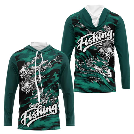 Sweat à Capuche Pêcheur Squelette Poisson - Vert Et Noir - Long Sleeves Hoodie Homme