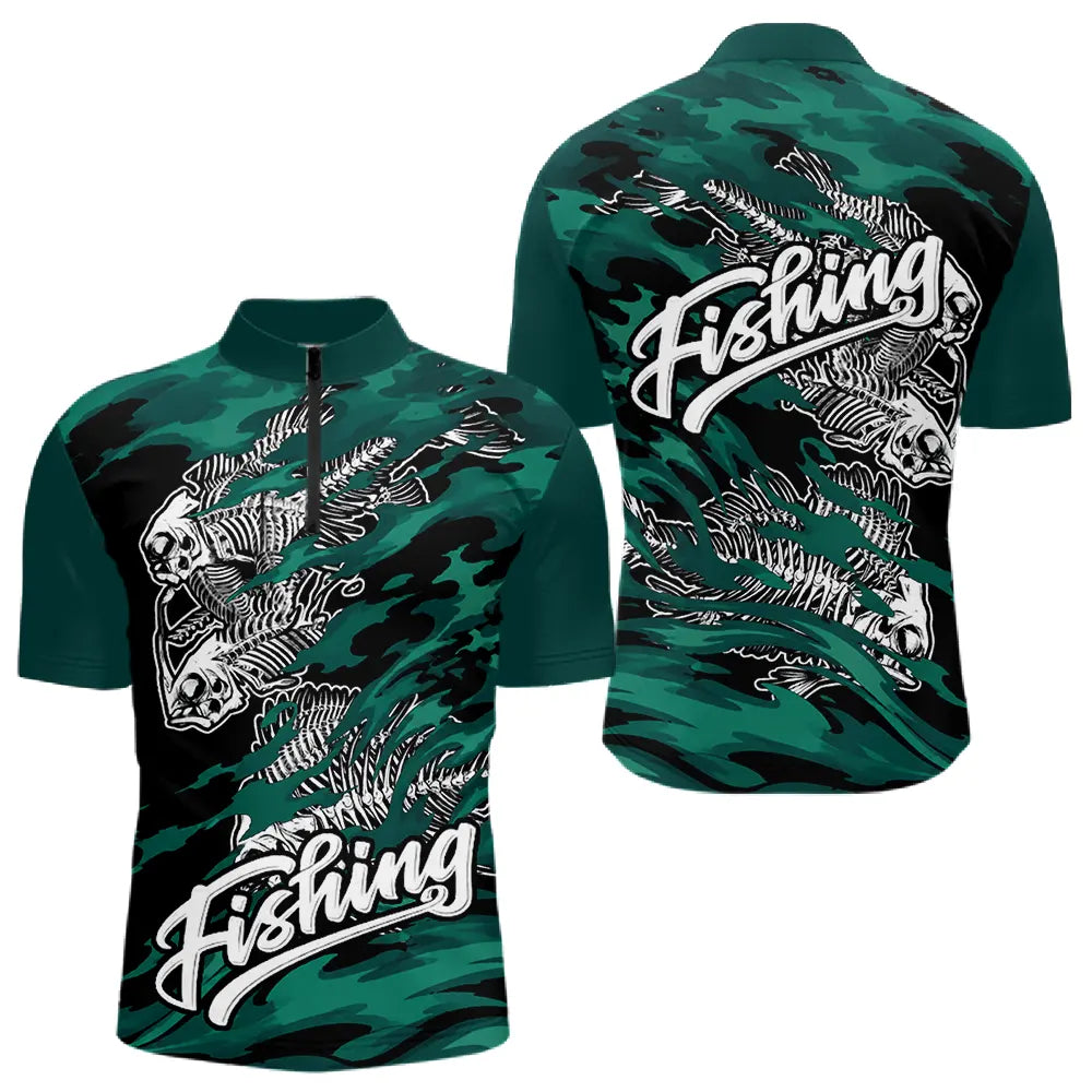 Sweat à Capuche Pêcheur Squelette Poisson - Vert Et Noir - Polo Zippé Homme
