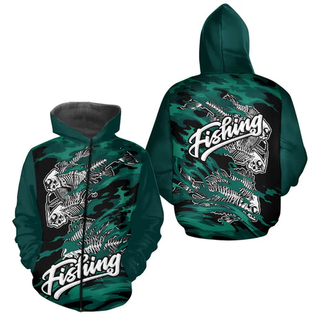 Sweat à Capuche Pêcheur Squelette Poisson - Vert Et Noir - Zippé Hoodie Homme