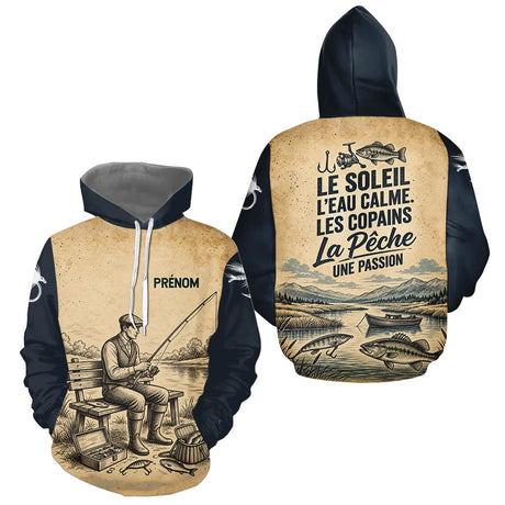 Sweat Capuche Pêcheur Vintage Personnalisé - Beige Et Bleu- Hoodie Homme