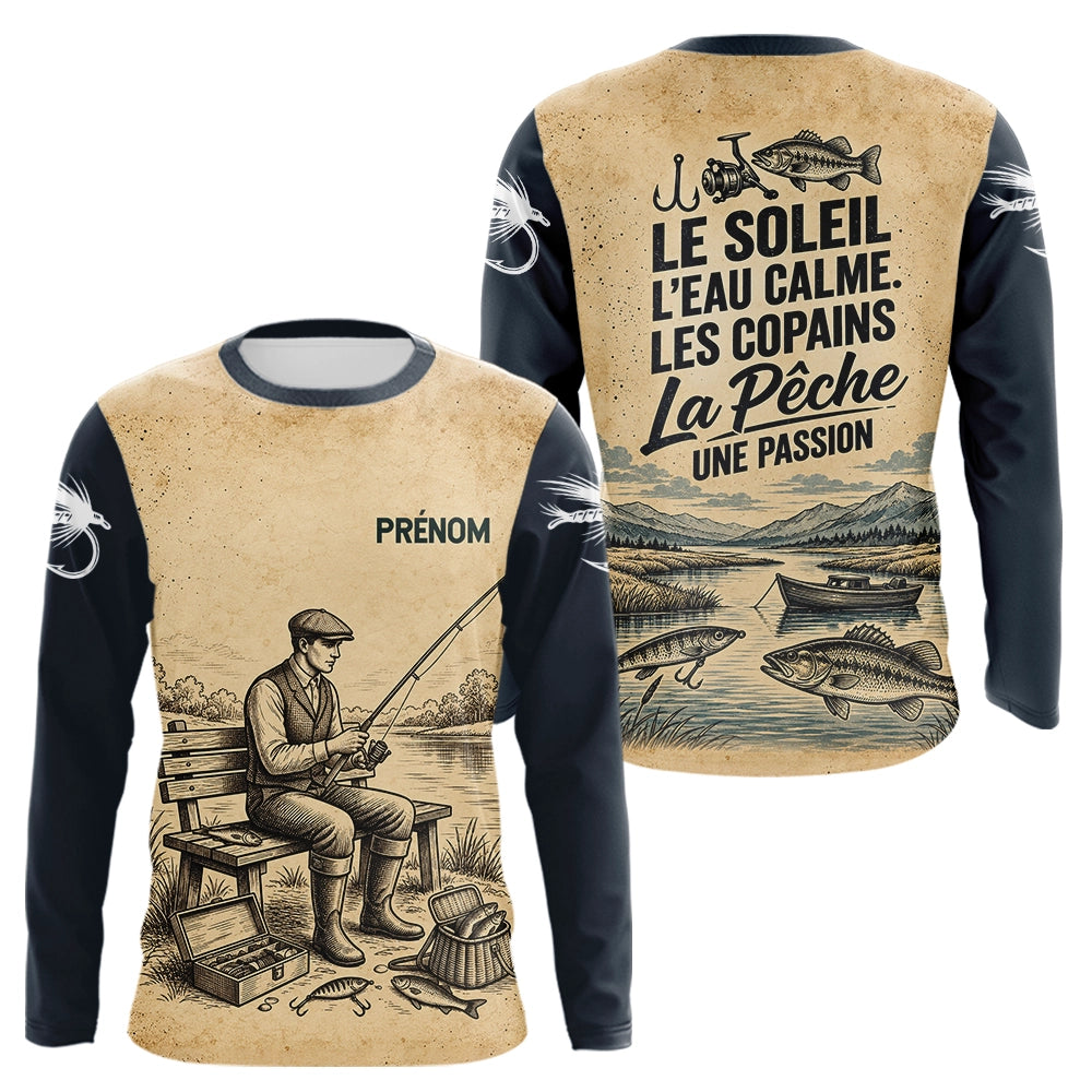 Sweat Capuche Pêcheur Vintage Personnalisé - Beige Et Bleu - Long Sleeves Homme