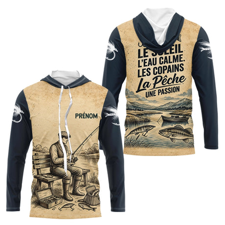 Sweat Capuche Pêcheur Vintage Personnalisé - Beige Et Bleu - Long Sleeves Hoodie Homme