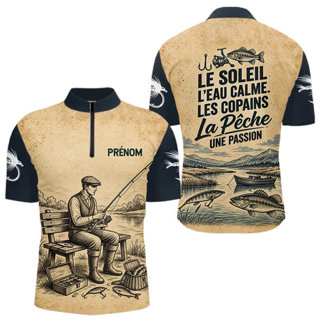 Sweat Capuche Pêcheur Vintage Personnalisé - Beige Et Bleu - Polo Zippé Homme