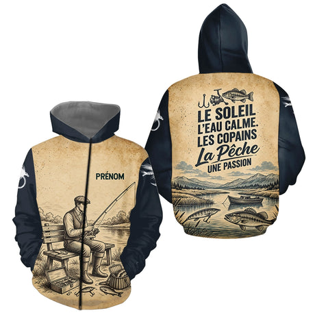 Sweat Capuche Pêcheur Vintage Personnalisé - Beige Et Bleu - Zippé Hoodie Homme