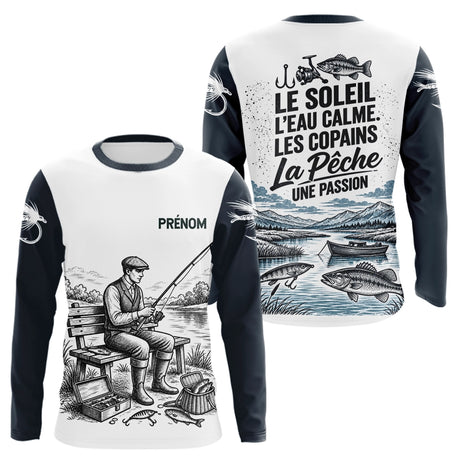 Sweat Capuche Pêcheur Vintage Personnalisé - Blanc Et Bleu - Long Sleeves Homme