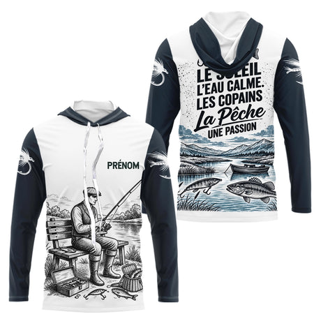 Sweat Capuche Pêcheur Vintage Personnalisé - Blanc Et Bleu - Long Sleeves Hoodie Homme