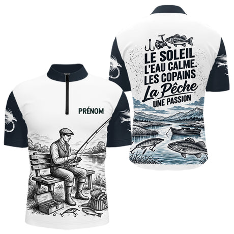 Sweat Capuche Pêcheur Vintage Personnalisé - Blanc Et Bleu - Polo Zippé Homme