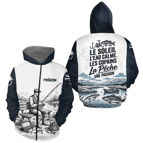 Sweat Capuche Pêcheur Vintage Personnalisé - Blanc Et Bleu - Zippé Hoodie Homme