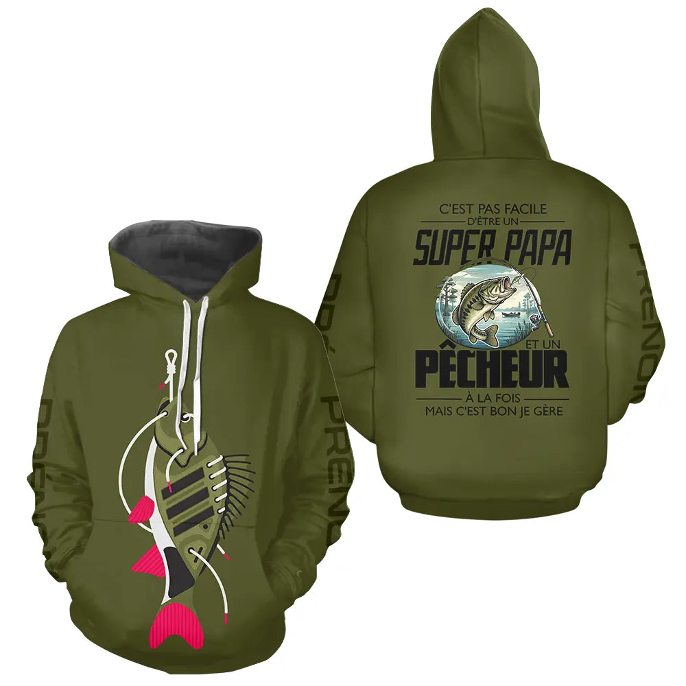 Sweat Capuche Vert Olive - Super Papa Pêcheur - Hoodie Homme