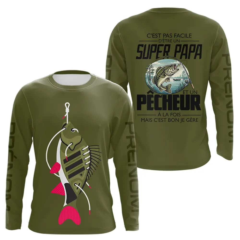 Sweat Capuche Vert Olive - Super Papa Pêcheur - Long Sleeves Homme