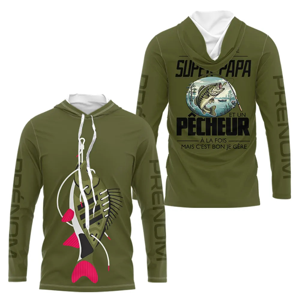 Sweat Capuche Vert Olive - Super Papa Pêcheur - Long Sleeves Hoodie Homme